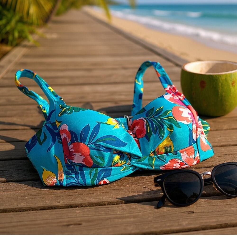 LANDS END Swim Adjustable Floral Twist Bikini Bra Top Blue Underwire Womens 4 XS